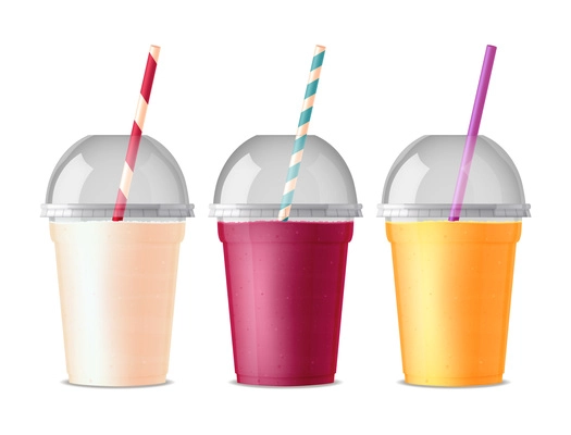 Three colored takeout fast food plastic glasses for drink juice cola tea or smoothie with pipe and transparent cover isolated vector illustration