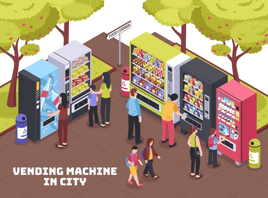 Automatic vending machines in city shopping area selling beverages refreshment snacks coffee chips isometric composition vector illustration