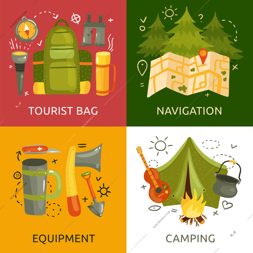 Equipment for camping 2x2 design concept with tent bag map axe knife guitar torch compass flat isolated vector illustration