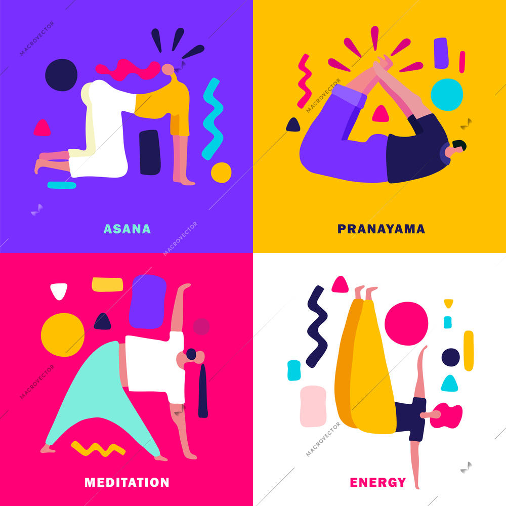 Various yoga poses colorful 2x2 design concept flat isolated vector illustration