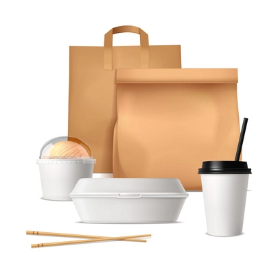 Fast food package design concept with paper bags plastic containers and glasses for drinks and ice cream realistic vector illustration