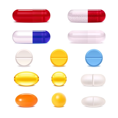 Colorful medicine pills and capsules realistic set isolated on white background vector illustration