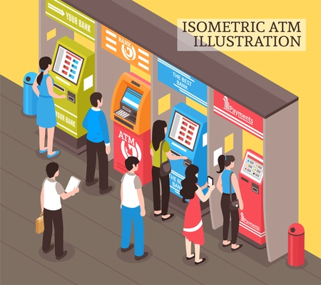 Automatic vending and telling machines isometric composition with people buying transport tickets and taking cash vector illustration