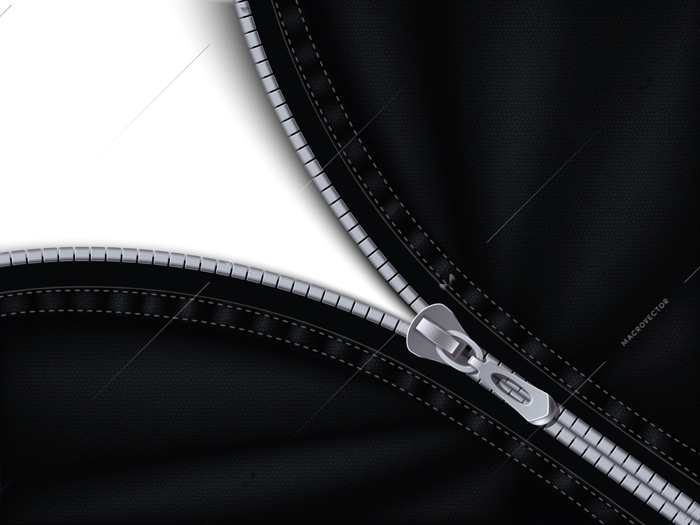 Half closed grey plastic zipper sewing to black fabric abstract background realistic vector illustration