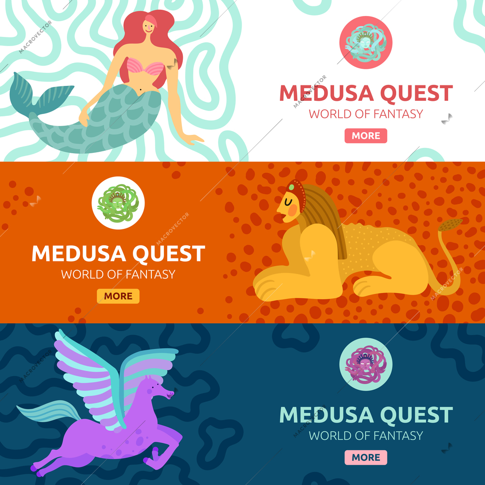 Colorful horizontal banners set with various mythical creatures flat isolated vector illustration