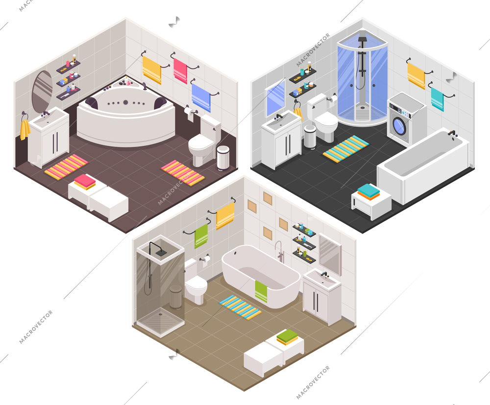 Modern bathroom interiors isometric set with straight oval corner bathtubs shower cabins cubicles toilet units Vector illustration