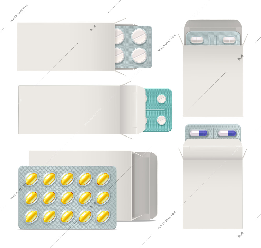 Realistic set of opened paper packaging with blisters of medicine pills and capsules isolated vector illustration