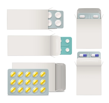 Realistic set of opened paper packaging with blisters of medicine pills and capsules isolated vector illustration