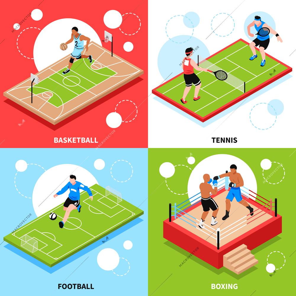 Sport court field ring 4 isometric icons design concept with basketball tennis football boxing isolated vector illustration