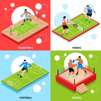 Sport court field ring 4 isometric icons design concept with basketball tennis football boxing isolated vector illustration