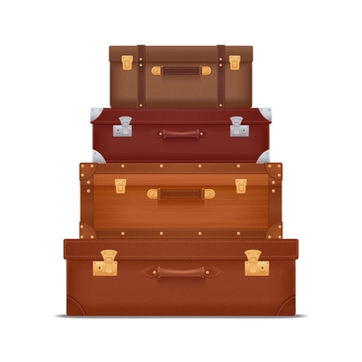 Realistic composition representing stack of vintage suitcases and trunks with locks and metal corners vector illustration