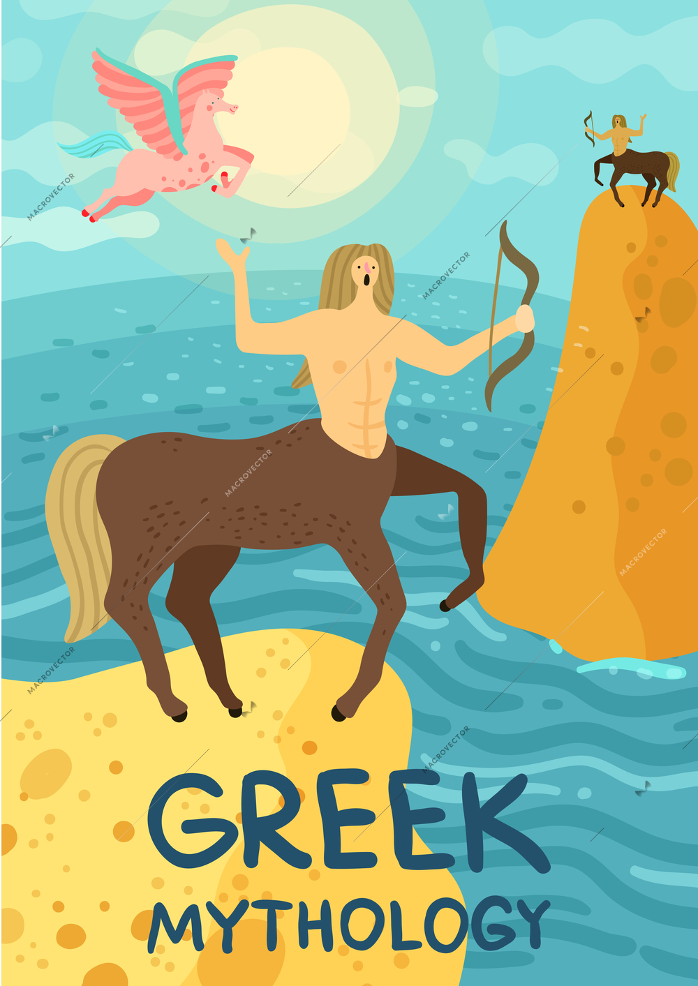 Two mythical creatures from greek mythology centaurus and pegasus near sea flat vector illustration