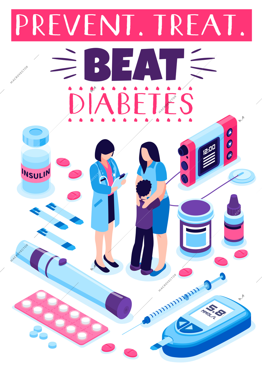 Beat diabetes isometric composition with treatment medication pills insulin injection and doctor advise on prevention vector illustration