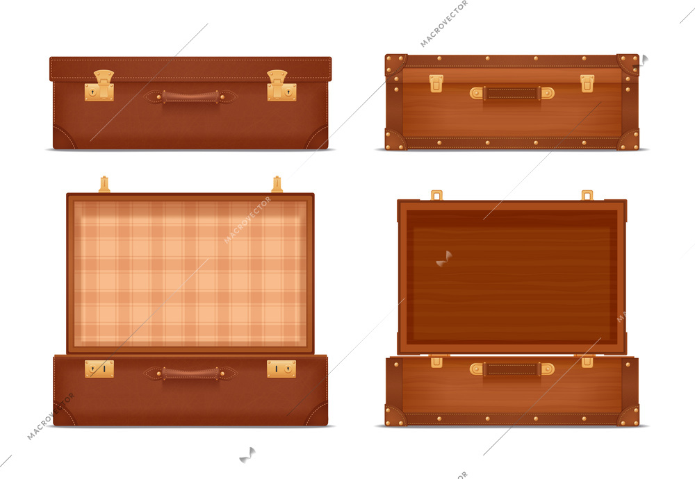 Realistic set of closed and opened vintage suitcases with locks and metal corners isolated vector illustration