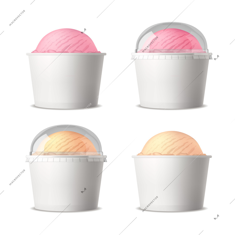 Realistic set of white plastic cups with ice cream of different flavors isolated vector illustration