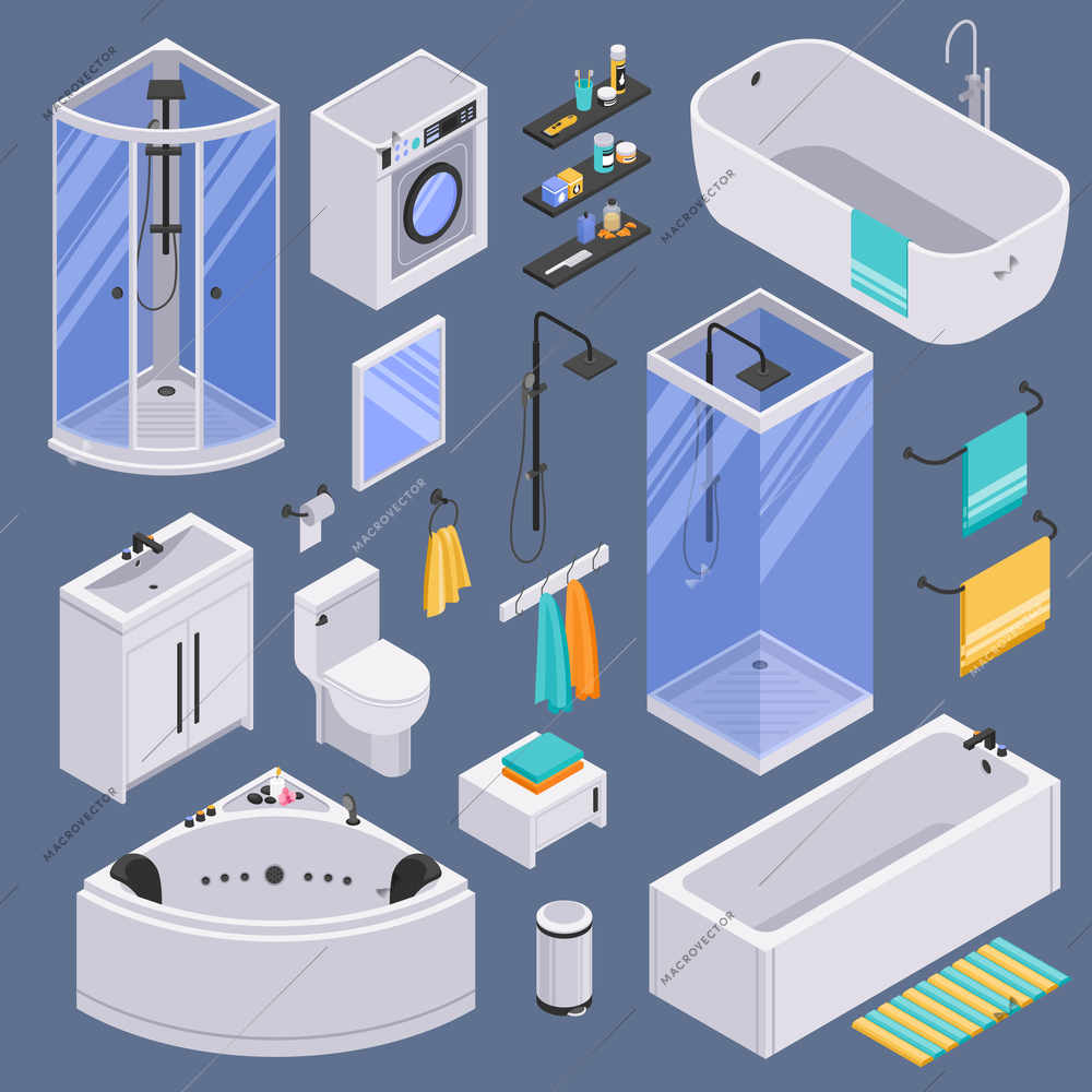 Bathroom toilet sink units bathtubs shower cabins cubicles furniture accessories isometric set against dark background vector illustration