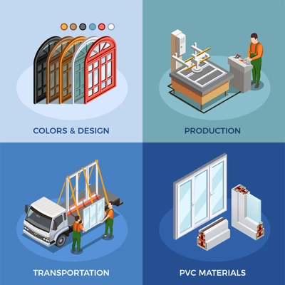 Pvc windows isometric concept with colors and design materials production and transportation isolated vector illustration