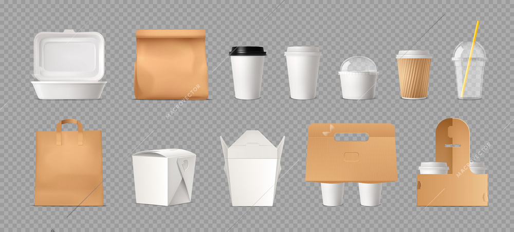 Fast food package transparent set with paper bags and boxes and plastic cups realistic vector illustration