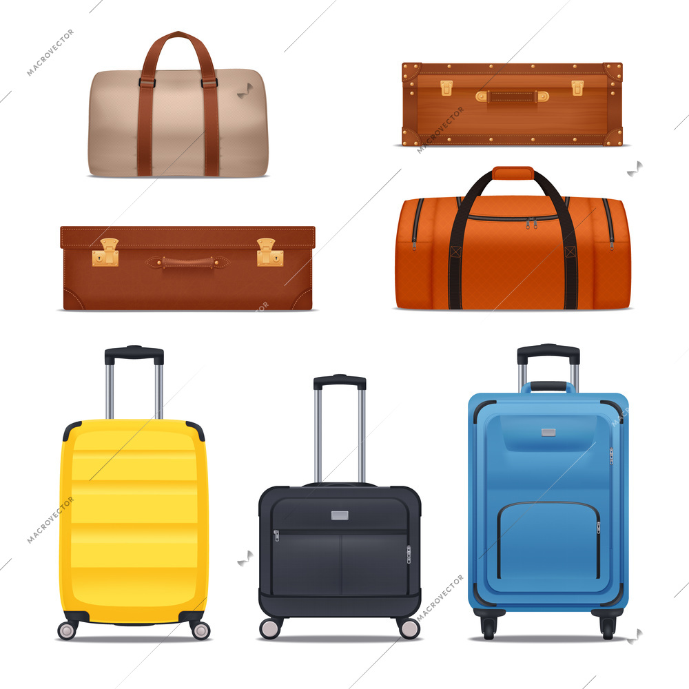 Baggage colored set of bags hand luggages suitcases isolated on white background realistic vector illustration