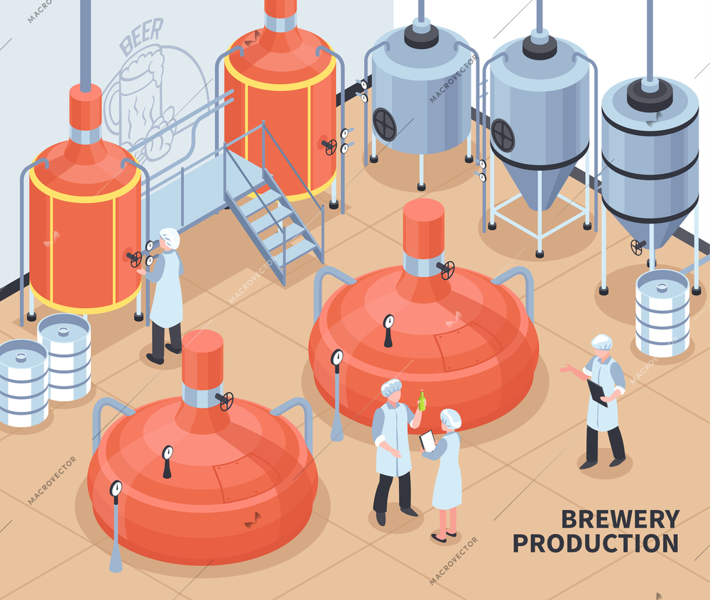 Brewery beer production process isometric composition with personnel controlling hot block and fermentation vats poster vector illustration