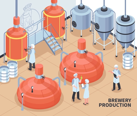 Brewery beer production process isometric composition with personnel controlling hot block and fermentation vats poster vector illustration