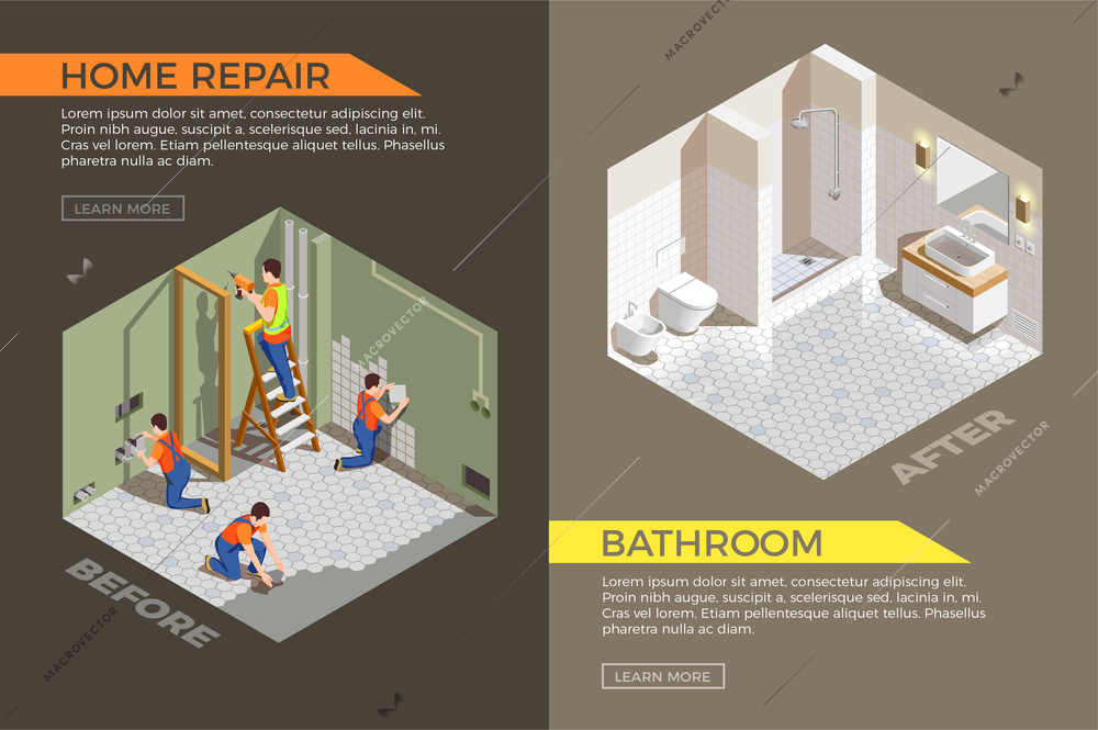 Bath room before and after construction works isometric composition with builders during repair vector illustration