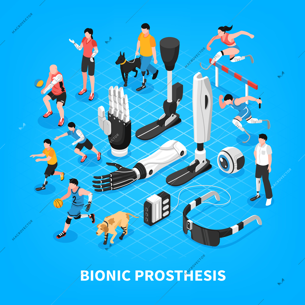 Bionic prothesis isometric composition with robotic arm athletic blade runners artificial limbs vision blue background vector illustration