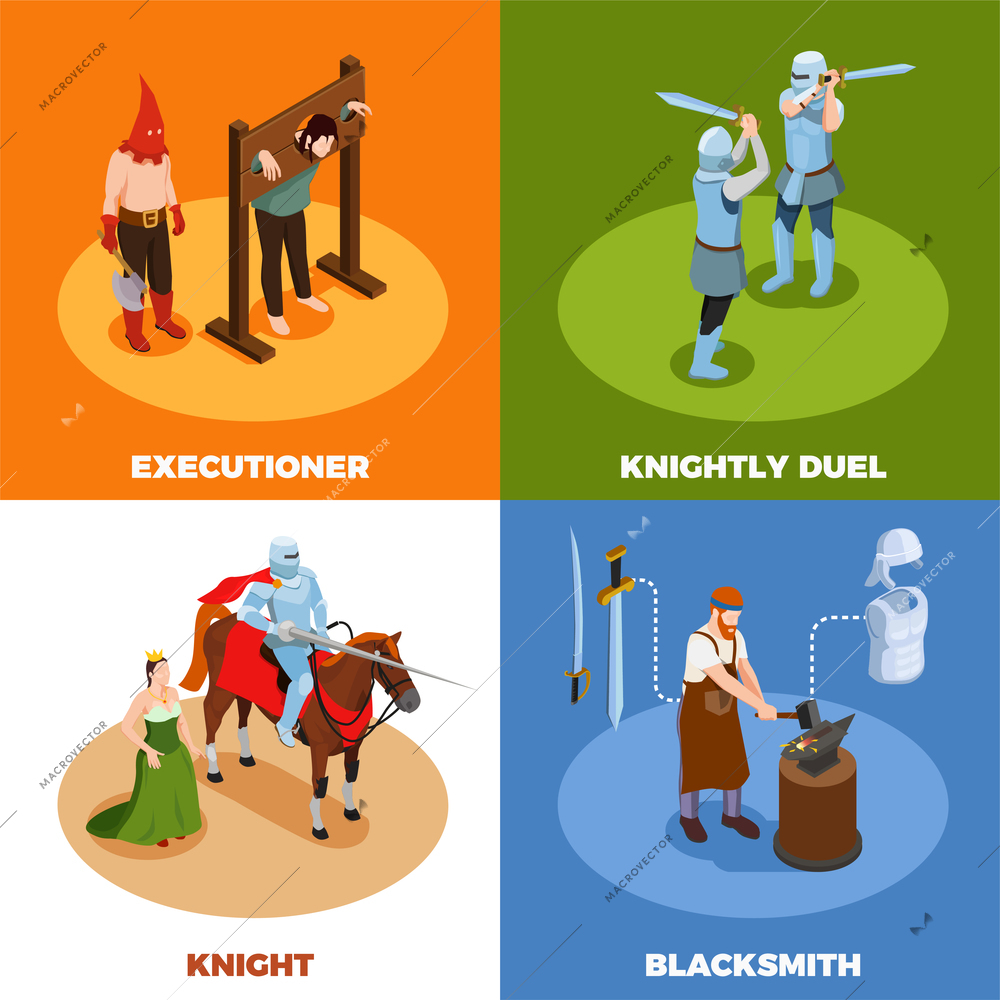 Medieval isometric design concept with torture scene knightly duel blacksmith during work isolated vector illustration