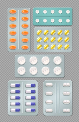 Realistic set of medicine blister packs with pills and capsules isolated on transparent  background vector illustration