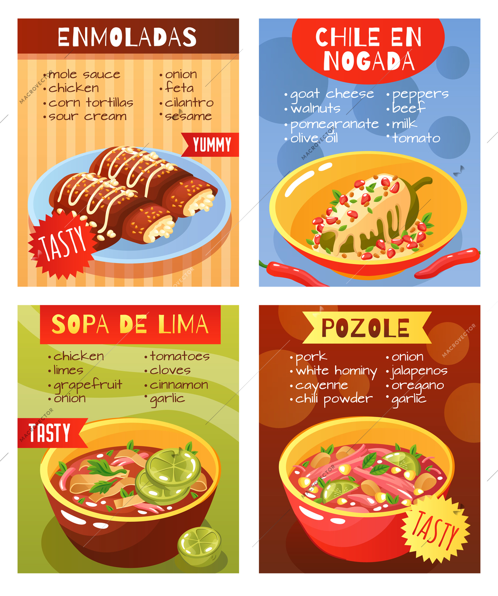 Mexican food dishes ingredients concept 4 realistic restaurant menu advertisement posters with traditional soups isolated vector illustration