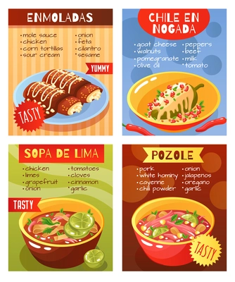 Mexican food dishes ingredients concept 4 realistic restaurant menu advertisement posters with traditional soups isolated vector illustration