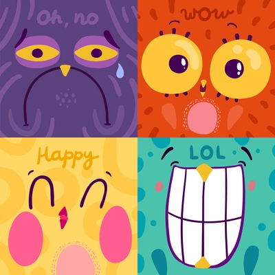 Colorful flat 2x2 design concept with happy sad surprised and laughing emotion owl stickers isolated vector illustration