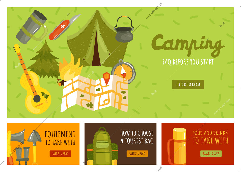 Flat set of four banners with necessary equipment for camping isolated vector illustration