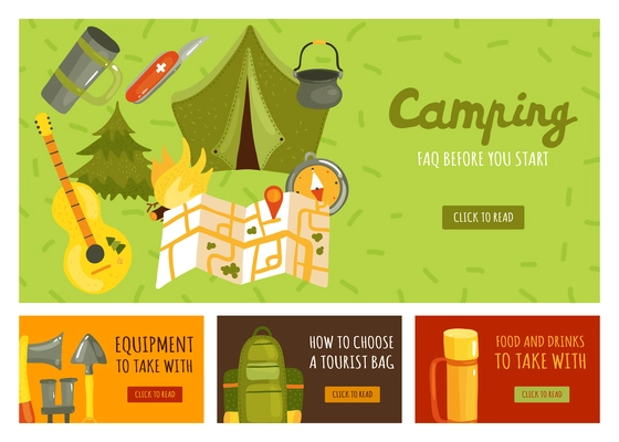 Flat set of four banners with necessary equipment for camping isolated vector illustration