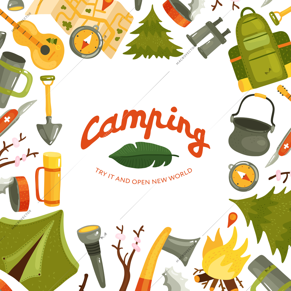 Equipment for camping in forest with tent axe torch compass map knife guitar on white background flat vector illustration