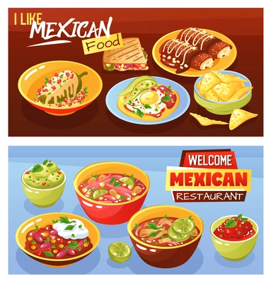 Mexican food restaurant advertisement 2 realistic horizontal banners with guacamole quesadilla hot chili saus isolated vector illustration