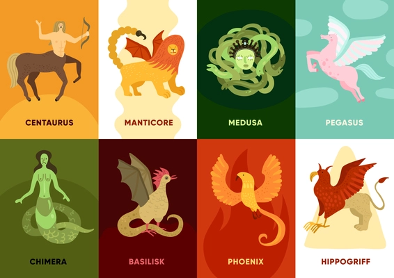 Flat set of cards with six various ancient mythical creatures on colorful background isolated vector illustration