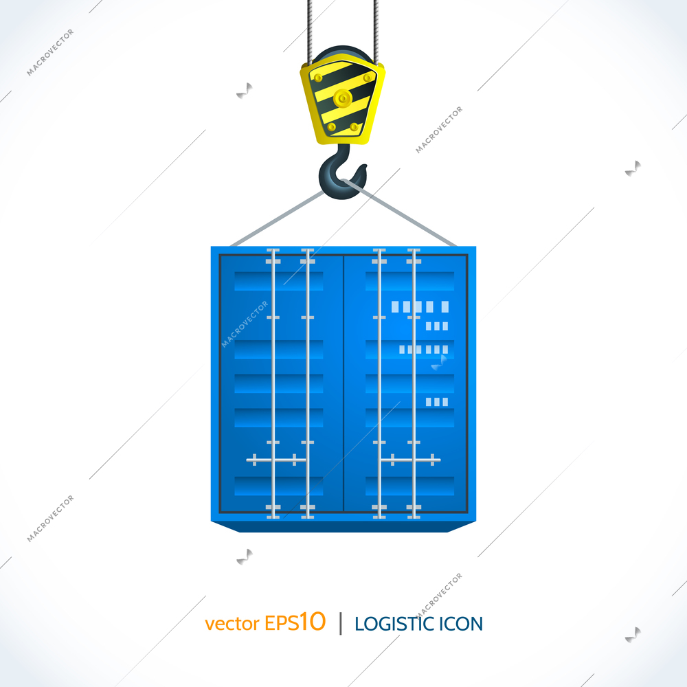 Logistic shipping realistic container hanging on crane hook icon isolated on white background vector illustration