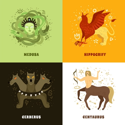 Flat 2x2 design concept with mythical creatures such as medusa hippogriff centaurus and cerberus isolated vector illustration