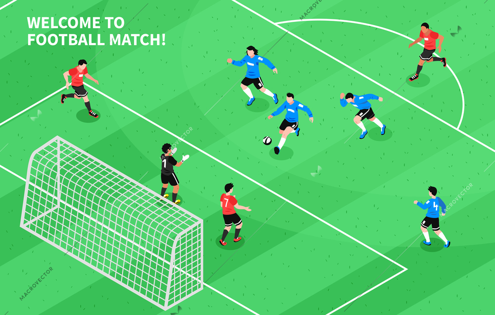 Football soccer match moment with attacking forward shooting goal isometric sport field game composition poster vector illustration