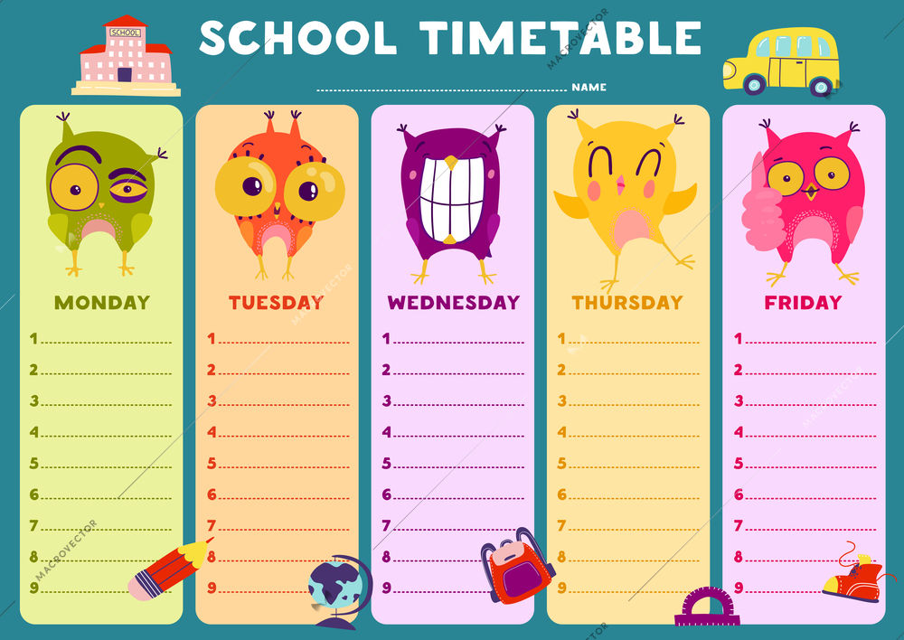 Colorful blank school timetable template with emotional owls flat vector illustration