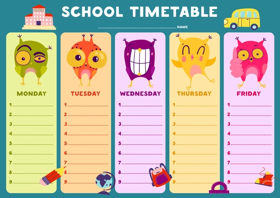 Colorful blank school timetable template with emotional owls flat vector illustration