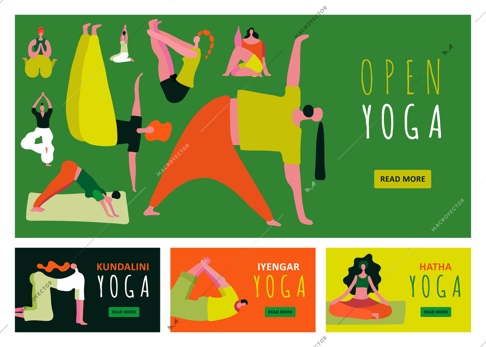 Bright colorful banners set with people silhouette training yoga asanas flat isolated vector illustration
