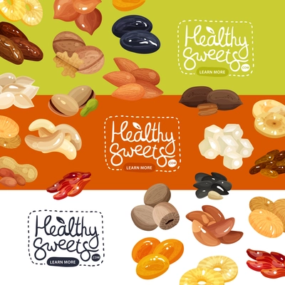 Nuts and dried fruits horizontal banners set with peanut apricot prune pineapple cashew hazelnut flat isolated vector illustration