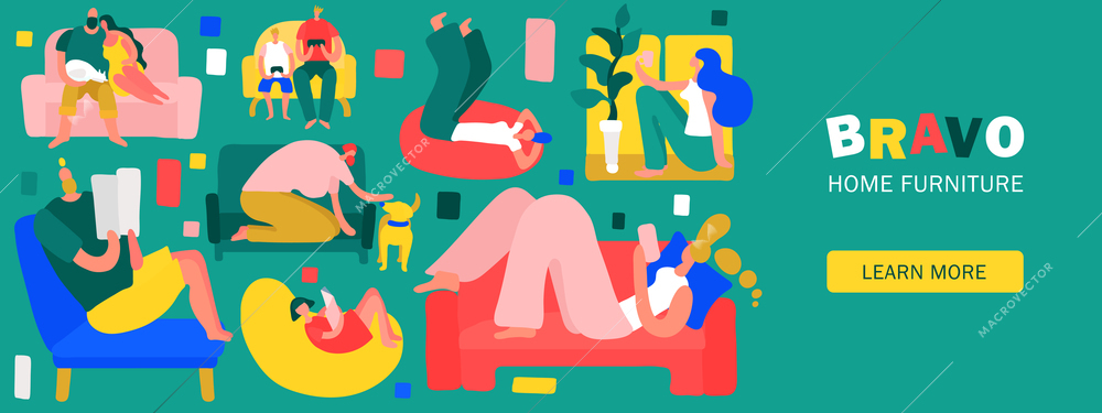 People sitting and lying on soft colorful furniture at home flat vector illustration