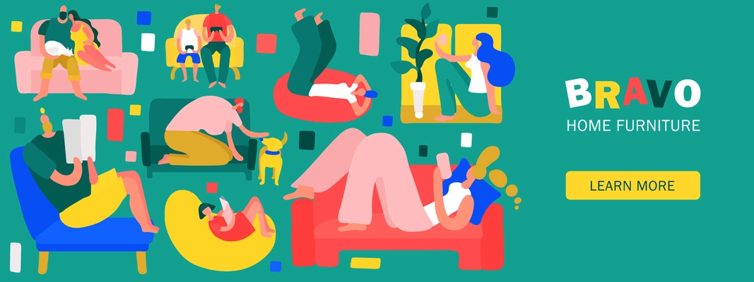 People sitting and lying on soft colorful furniture at home flat vector illustration