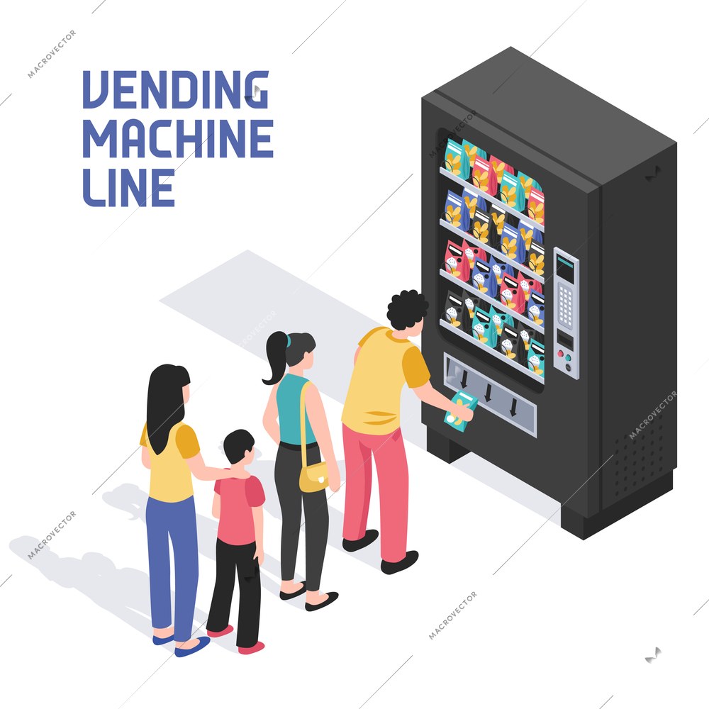 People lining up in front of vending machine selling snacks beverages refreshing summer drinks isometric vector illustration