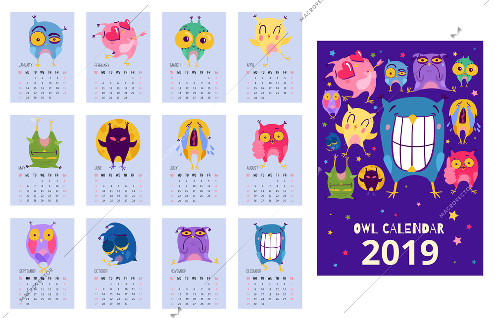 Flat design calendar template with funny owls expressing different emotions isolated vector illustration