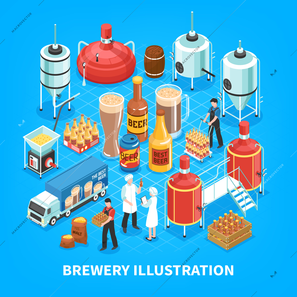 Brewery production isometric elements composition with barley grain milling  mashing boiling fermentation bottling blue background vector illustration