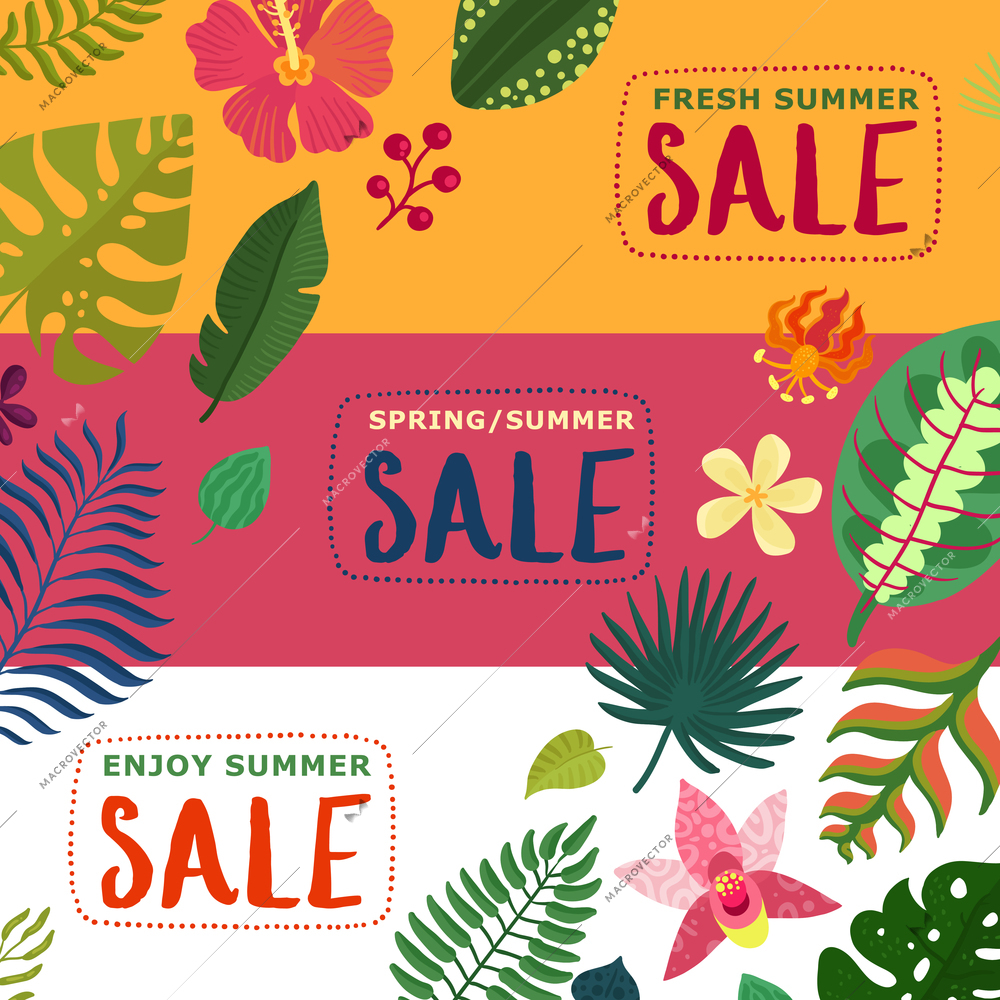 Colorful horizontal summer and spring sale banners set with tropical plants flat isolated vector illustration